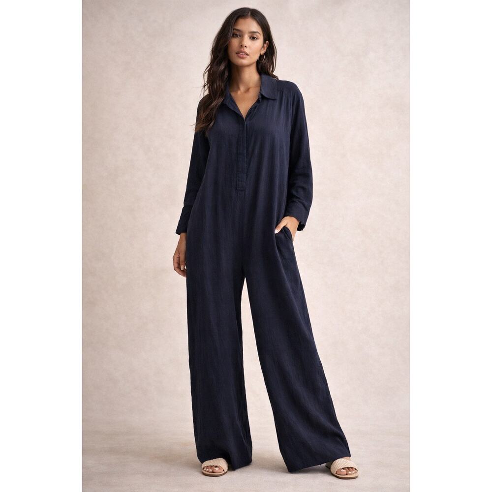 Free People Linen-Blend Super Wide Leg Long Sleeve Jumpsuit - Navy Blue L - Picture 1 of 8